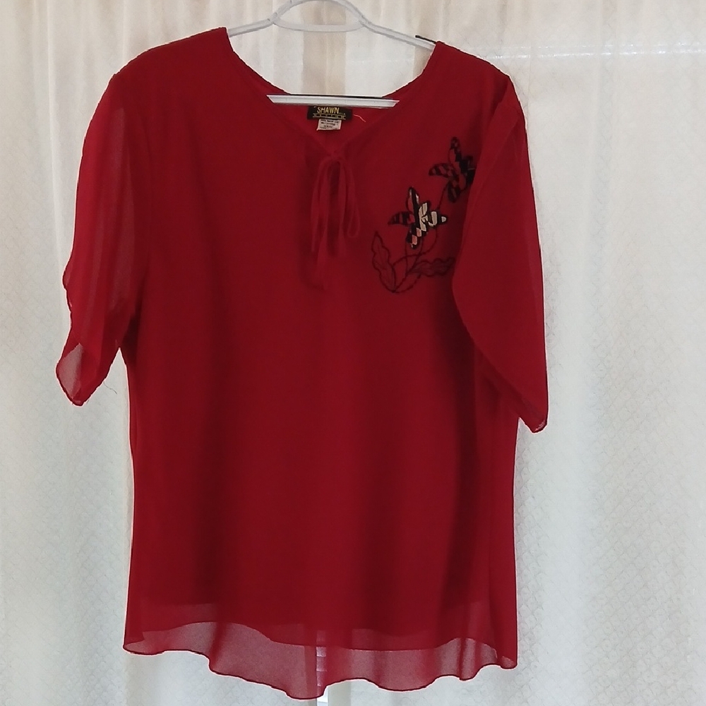 Red Tie-Neck Embroidered Short Tulip Sleeve Layered Blouse